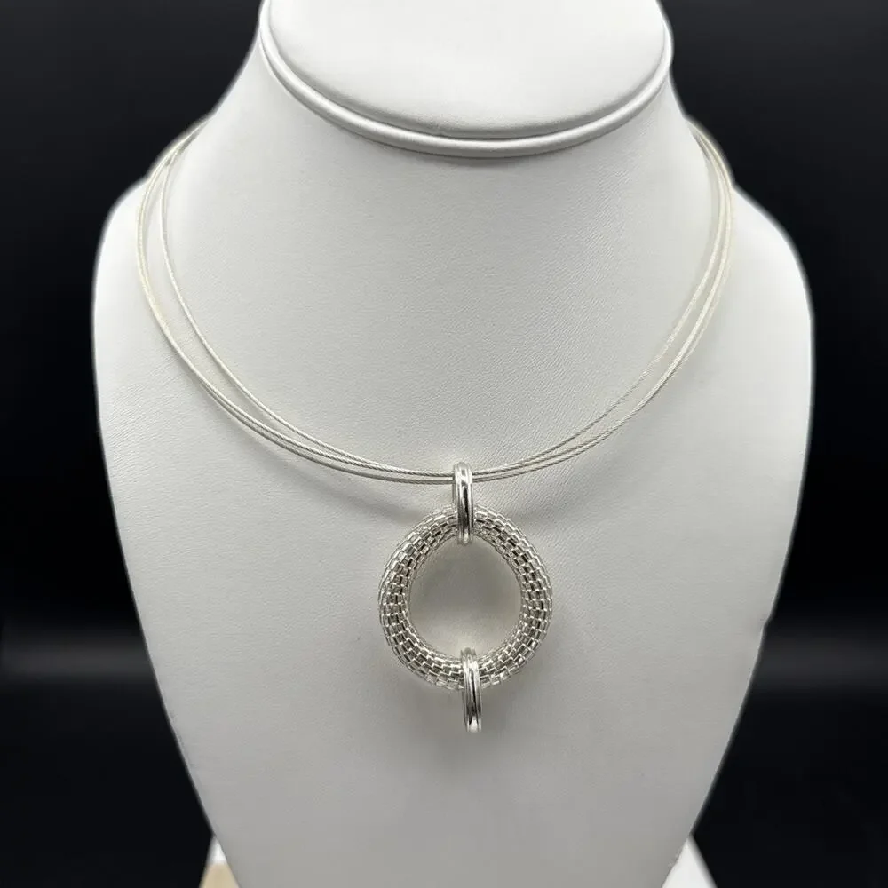 Multi Strand Cable Necklace 19 in Silver Tone Mesh Circle‎ Pendant Dana Buchman
